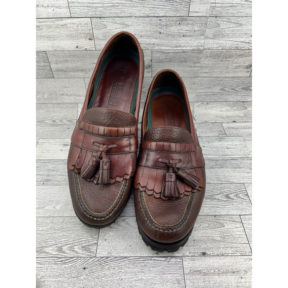 HS Trask Men Brown Pebbled Leather Tassel Kiltie Loafers Vibram Sole Sz 11.5M